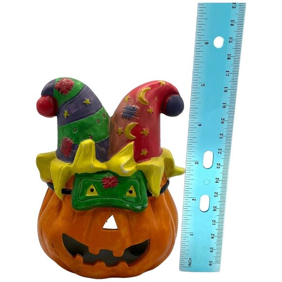 Ceramic Halloween Mardi Gras Jester Pumpkin Jack-O-Lantern Tea Light Holder - Picture 7 of 7